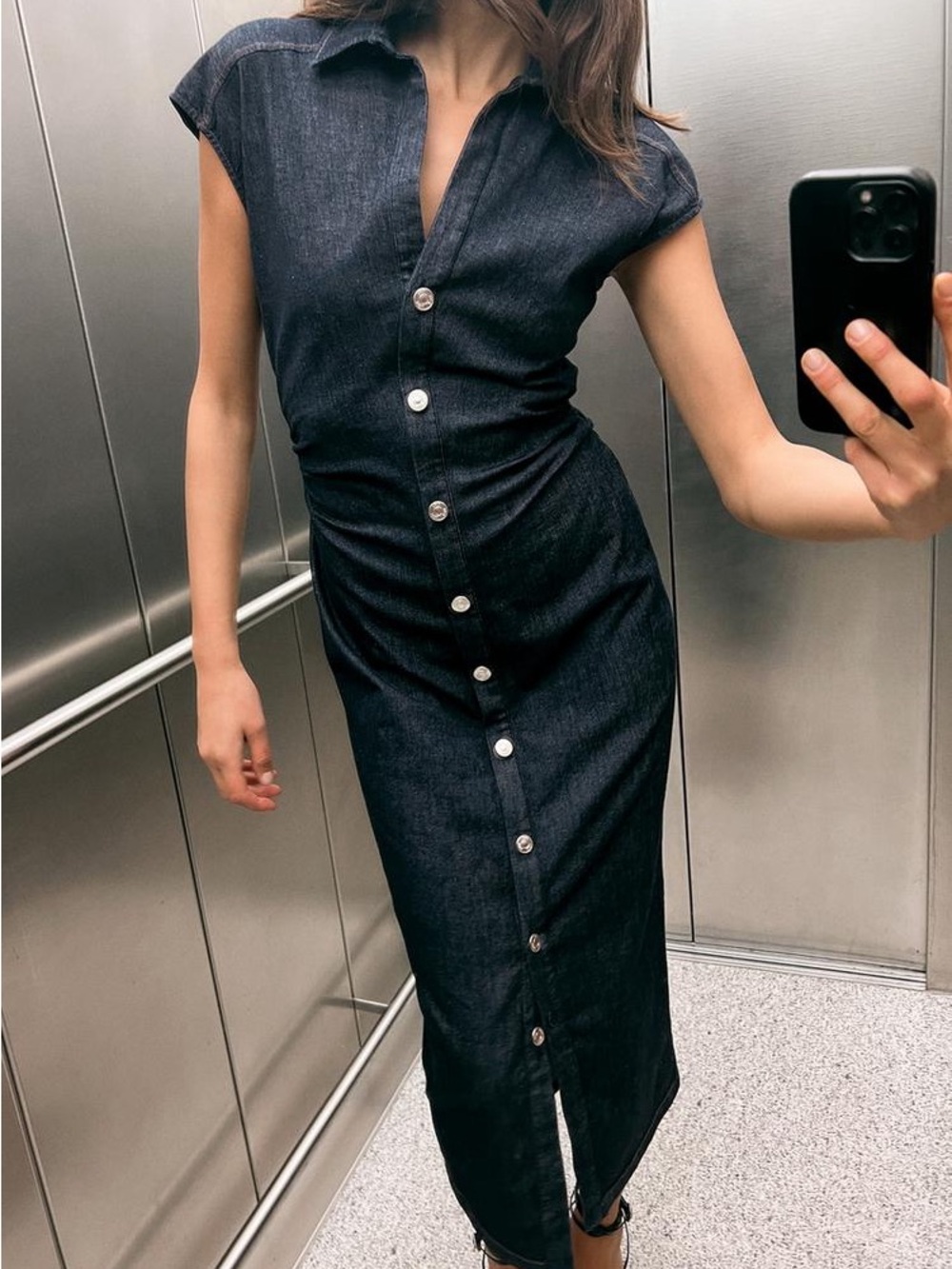 ZARA Dark Blue Denim Midi Shirt Dress - Picture 8 of 15